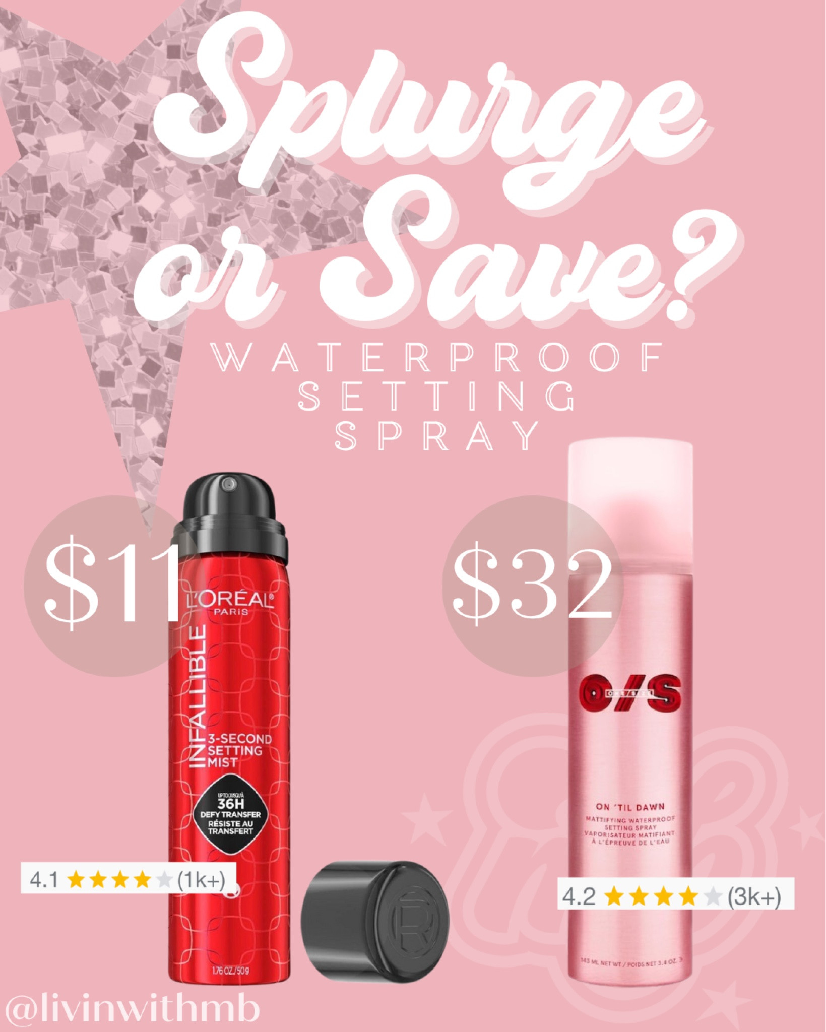 Both of these waterproof setting sprays are viral right now! 

L’Oreal:
New professional-inspired aerosol format that instantly dries. Lightweight and breathable on skin. Up to 36H transfer-resistant wear. Sweat and smudge resistant. Makeup stays put all day.

One Size:
With an aerosol spray application that is light as air and non-sticky, this formula sets full beat makeup with next-level hold for up to 16 hours. Featuring texture-solving ingredients to absorb oil and help tighten pores, the spray keeps the glam locked in with a blurred, flawless matte finish. 

#LTKbeauty #LTKstyletip #LTKsalealert