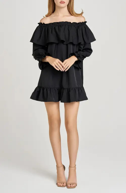 WAYF x Sara Walker Jane Off the Shoulder Long Sleeve Taffeta Minidress in Black at Nordstrom, Size X-Small | Nordstrom
