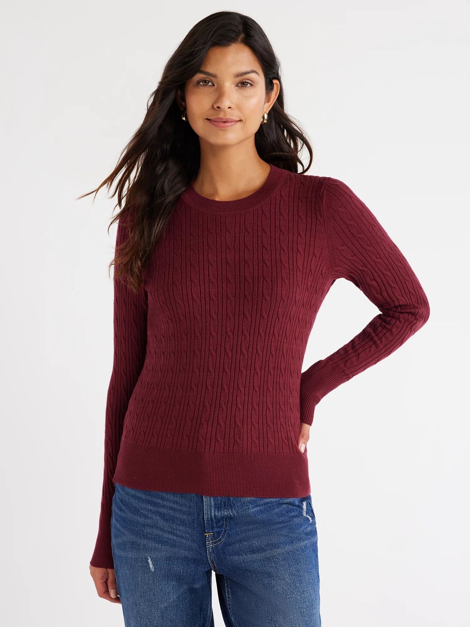 Free Assembly Women’s Cable Knit Crewneck Sweater, Midweight, Sizes XS-XXXL | Walmart (US)