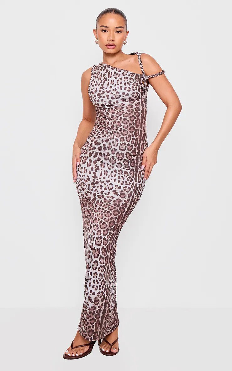 Petite Leopard Print Slinky Twist Shoulder Maxi Dress | PrettyLittleThing US