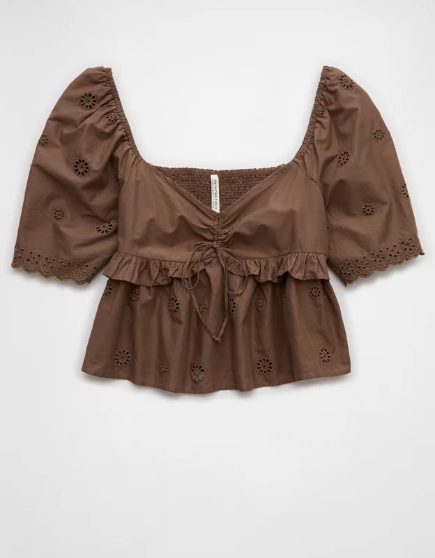 AE Flutter Sleeve Eyelet Babydoll Blouse | American Eagle Outfitters (US & CA)