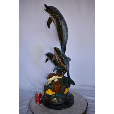 Bronze Three Dolphins Swim Next to A Sea Turtle Fountain Bronze Statue 17"x 15" x 38"H. | Wayfair North America