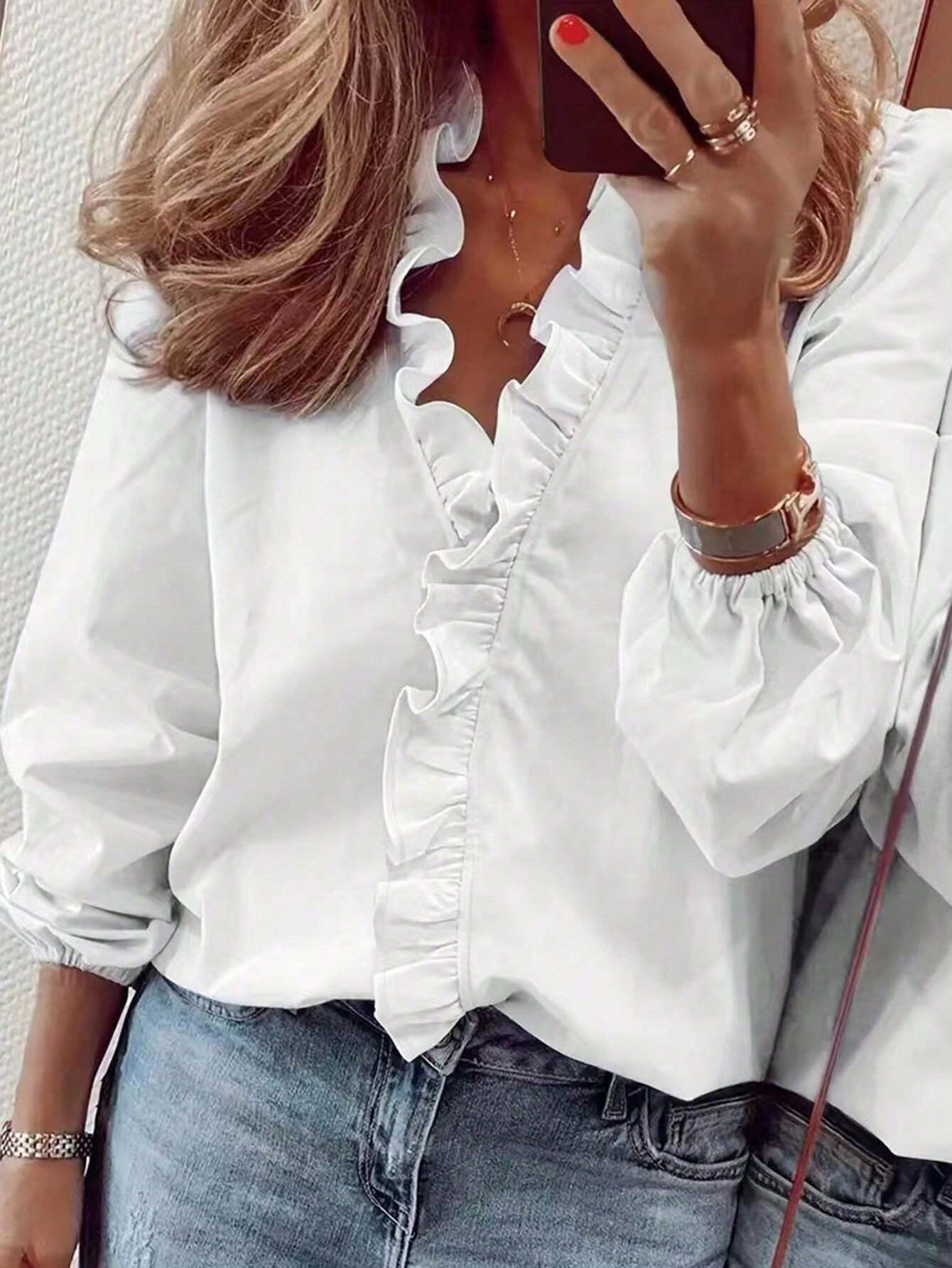 Plus Size Women's Ruffle Trim Long Sleeve Shirt | SHEIN