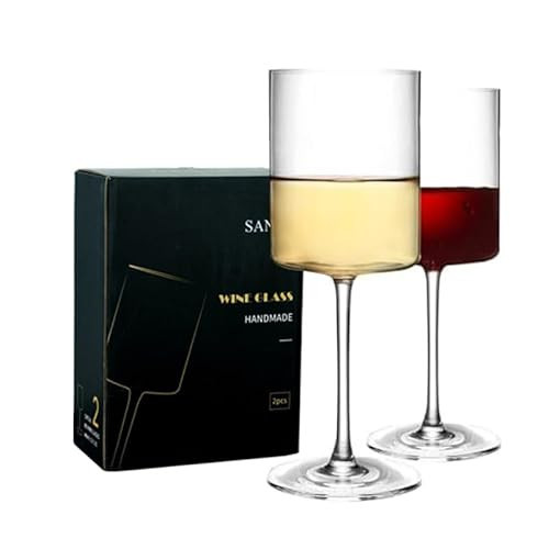 SANZO Square Crystal Wine Glasses Set of 2, Handmade Modern Red and White Wine Glasses, 15oz Tall Stemware for Home, Bar, or Gift Use(2PCS) | Amazon (US)