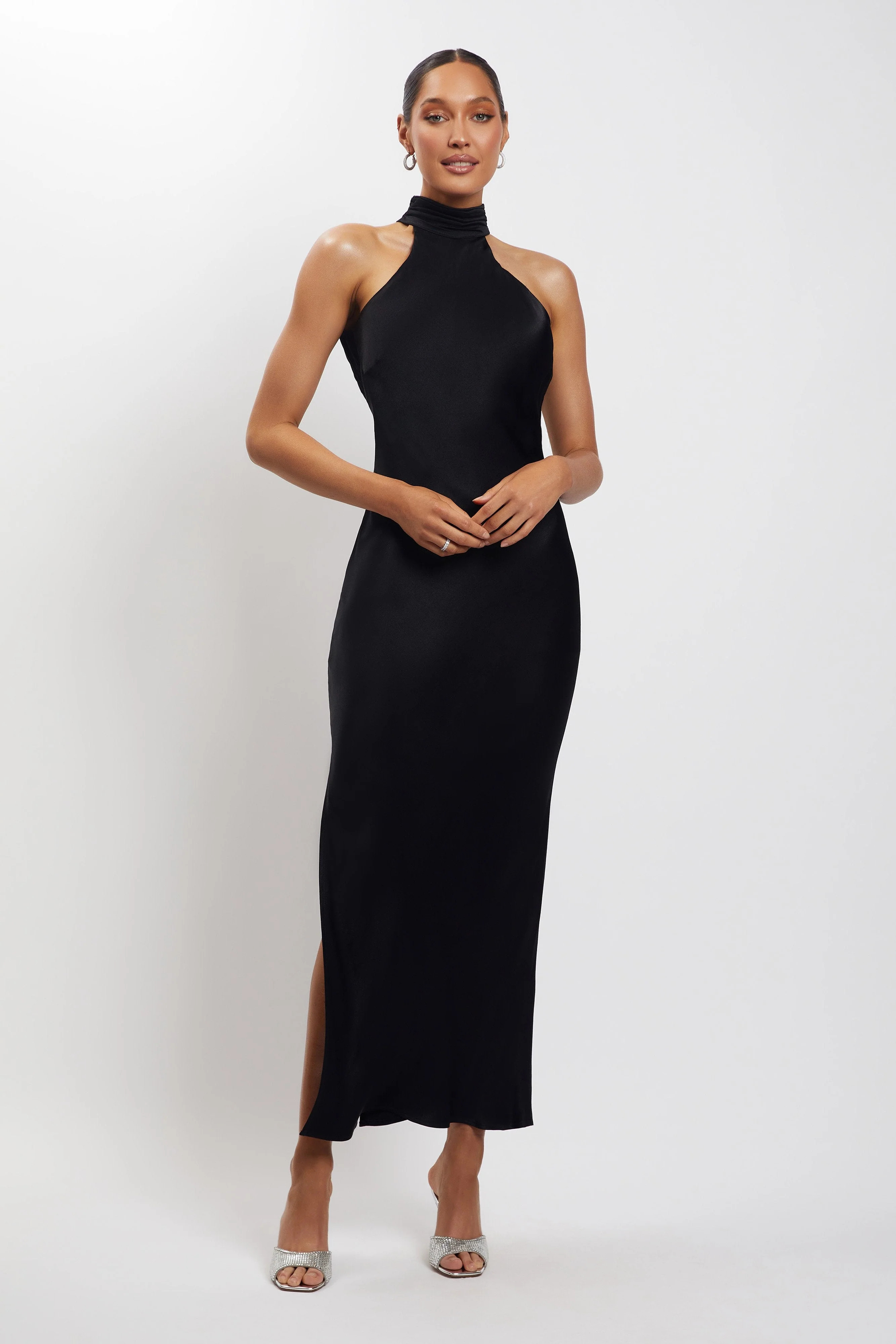 Claire Satin Drape Back Maxi Dress with Split - Black | MESHKI US