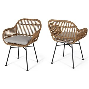 Noble House Orlando Outdoor Faux Rattan Chairs with Cushions in Brown (Set of 2) | Cymax