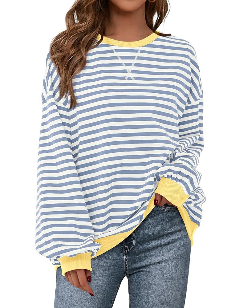 PRETTYGARDEN Womens Striped Oversized Sweatshirt Color Block Crew Neck Long Sleeve Casual Loose P... | Amazon (US)