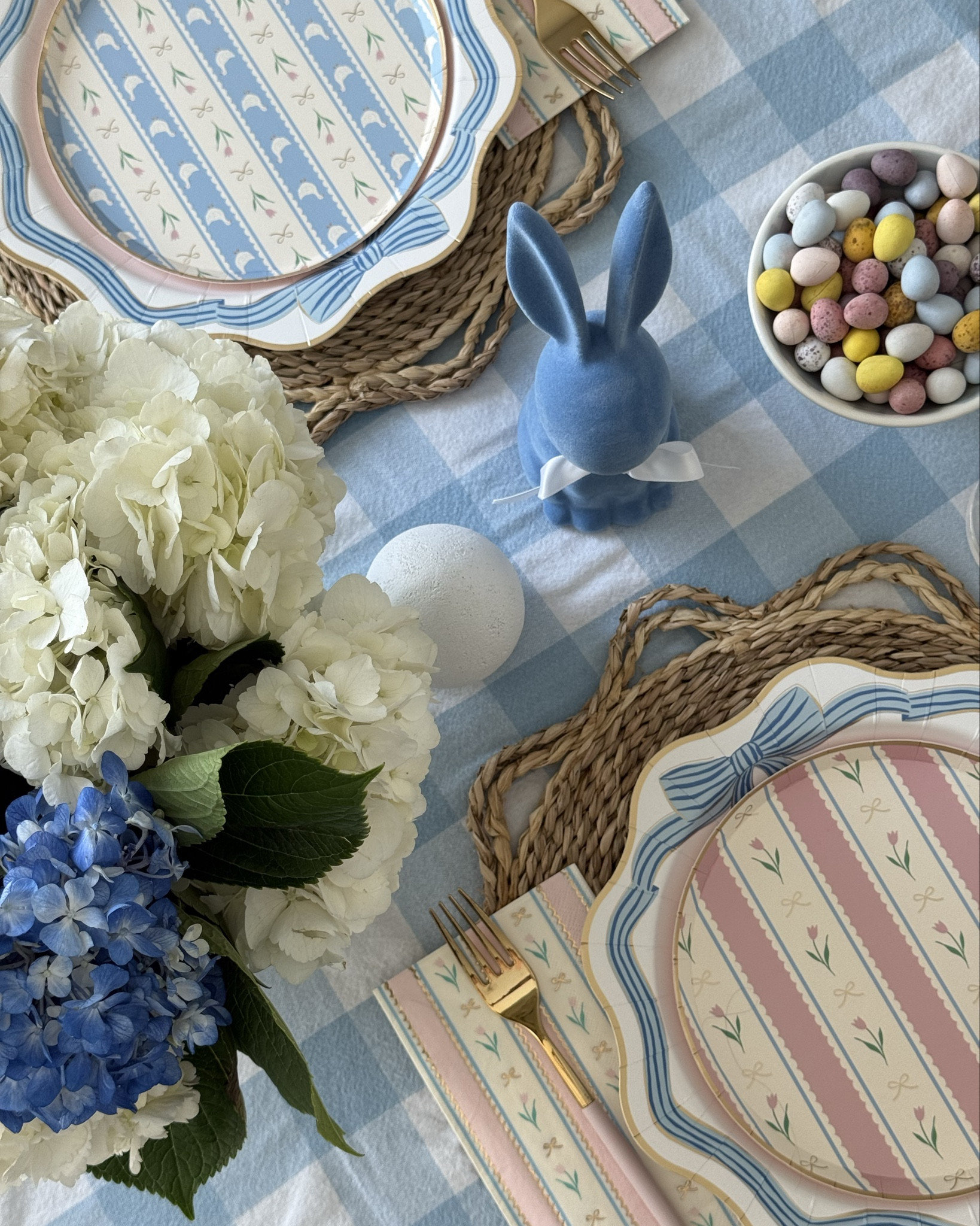 Details from my Easter table. Love the blues and whites with a touch of pink. Everything is from Amazon and linking it all! Chic yet, affordable 🩵🐰🌸🎀