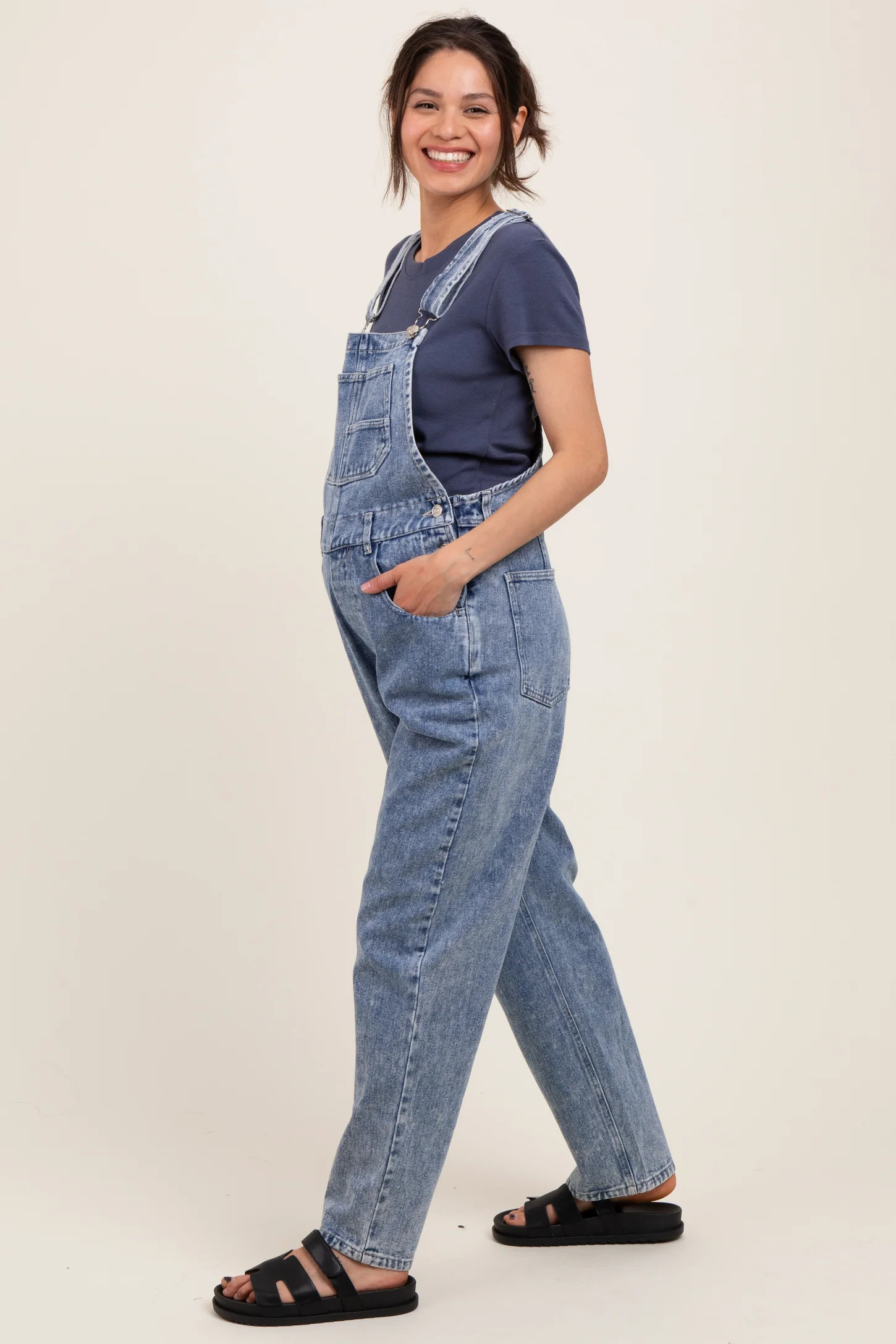 Light Blue Wash Rolled Cuff Maternity Denim Overalls | PinkBlush Maternity