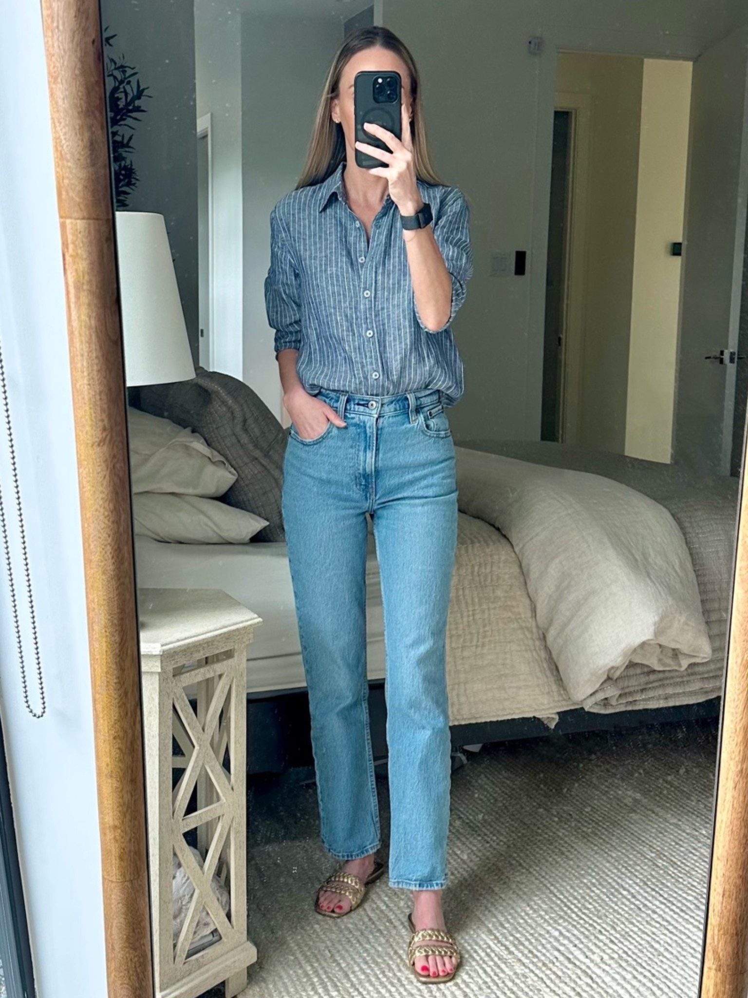 The perfect 100% linen light-weight long sleeve button-up shirt! It’s long enough to wear open with a white tank and leggings, dress it up a bit with jeans, or wear as a swimsuit cover up. It comes in a ton of color options. Jeans and sandals are on sale now!

Shirt Size: xs Shirt Color: chambray stripe

Summer outfits 2026, summer fashion, sandals, Quince, Amazon, Abercrombie, bathing suit coverup, swimwear, workwear

#LTKootd #LTKSwim #LTKWorkwear