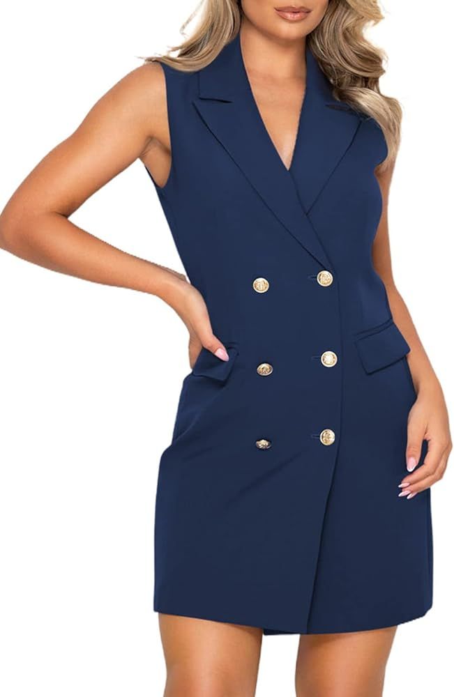 Asvivid Women Elegant V Neck Sleeveless Blazer Dress Casual Work Office Double Breasted Blazer Dr... | Amazon (US)