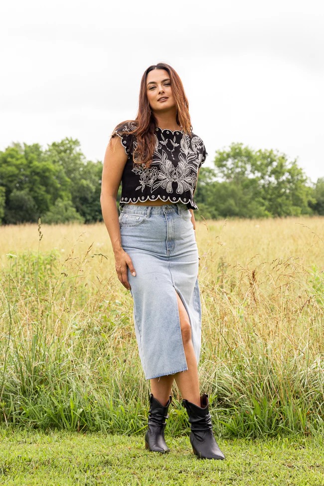 Mya Medium Wash Denim Midi Skirt | Pink Lily