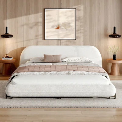Bed Frame With Boucle Fabric, Upholstered Platform Bed Featuring Curve - Shaped Design And A Thick, Comfort - Providing Headboard For A Relaxing Bedro | Wayfair North America