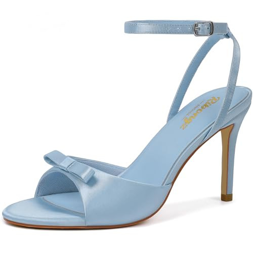 RIBONGZ Women's High Light Blue Heels Round Open Toe Sexy Kitten Sandals Stiletto Heeled Pumps Ankle Strap Bridal Shoes with Bow Summer Wedding Party Casual Office Work 11 | Amazon (US)