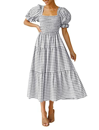 ZESICA Women's 2024 Bohemian Summer Plaid Square Neck Puff Sleeve Ruffle Flowy Beach Midi Dress,Grey,Medium | Amazon (US)