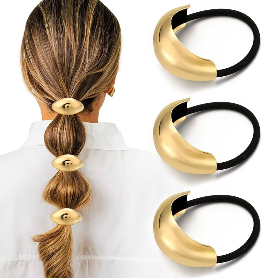 3PCS Gold Hair Ties, Metal Hair Ties for Thick Hair, Elegant Durable Geometric Design Hair Cuffs,... | Amazon (US)