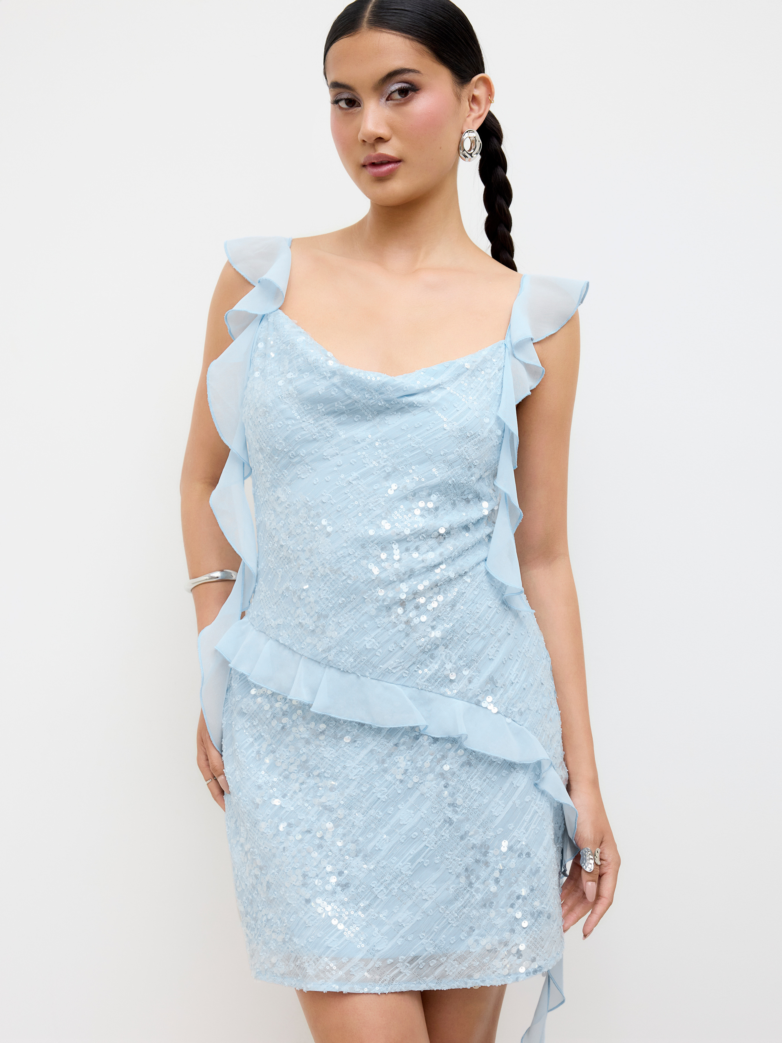 Sequins Sequin Cowl Neck Ruffle Hem Mini Dress For Party/Clubbing | Cider