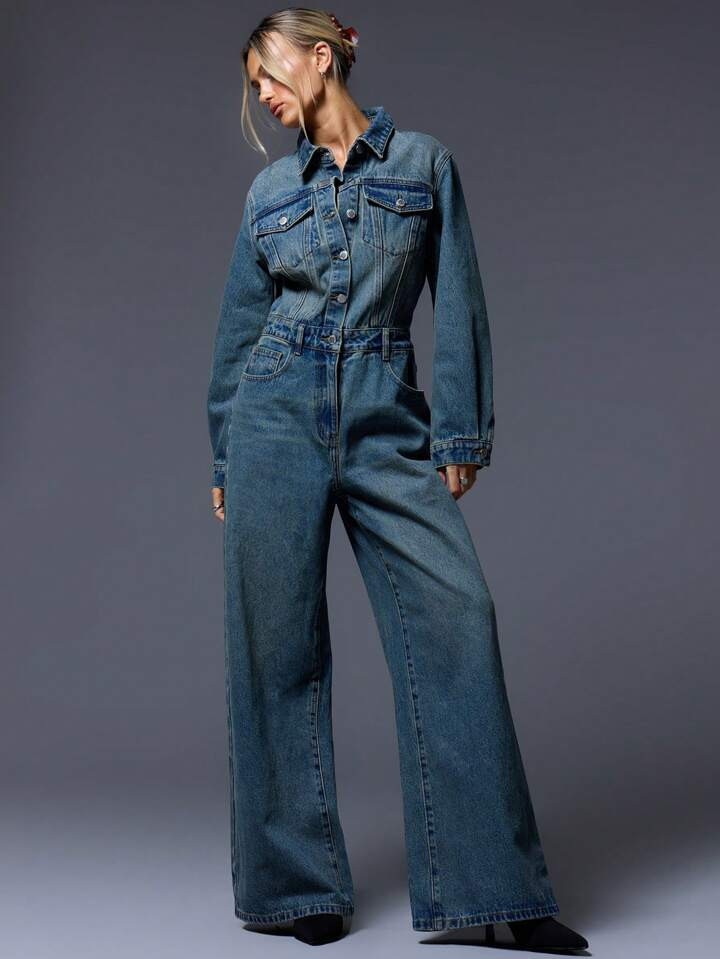 MUSERA Long Sleeve Denim Jumpsuit | SHEIN