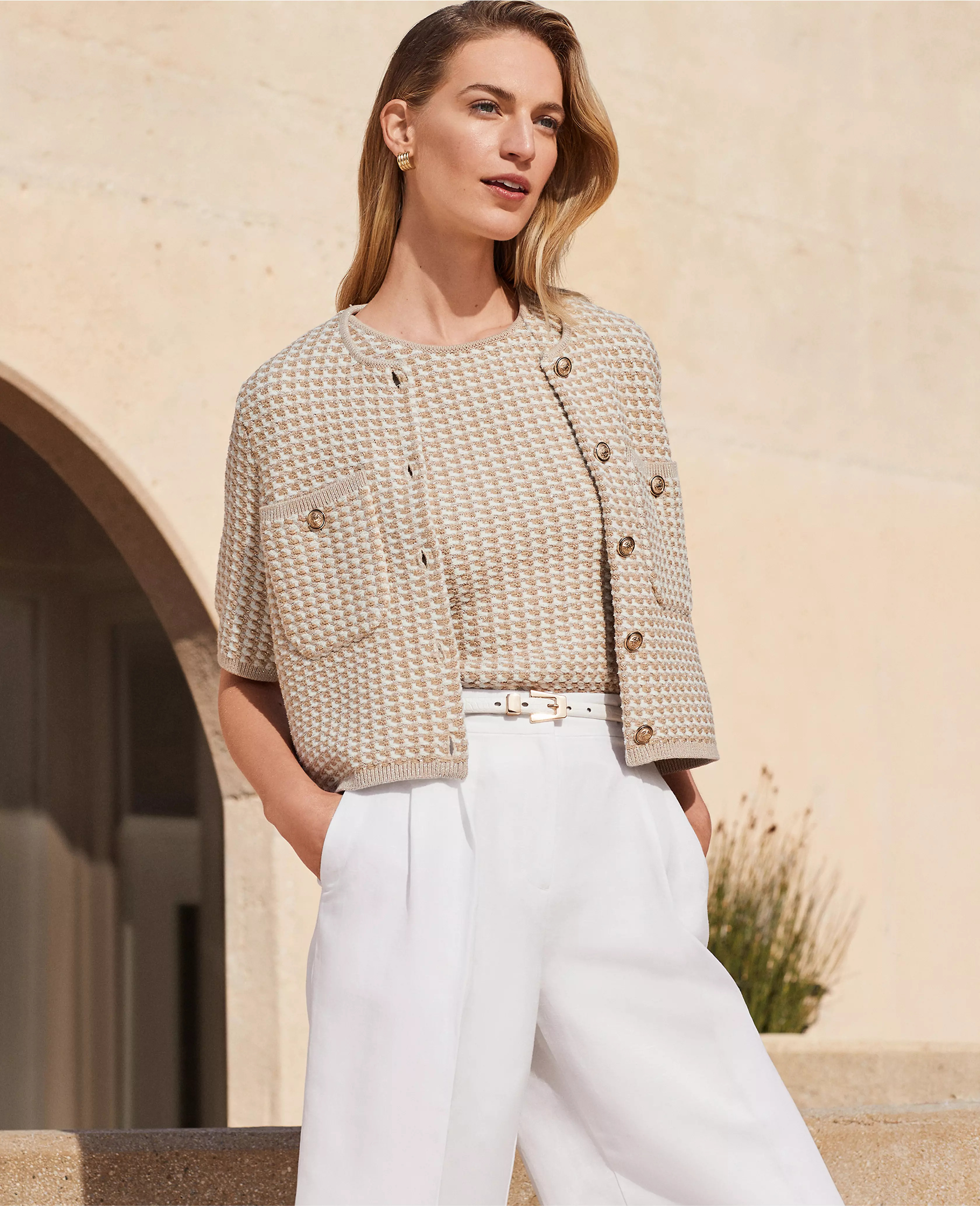 Petite Shimmer Tweedy Short Sleeve Jacket | Ann Taylor (US)