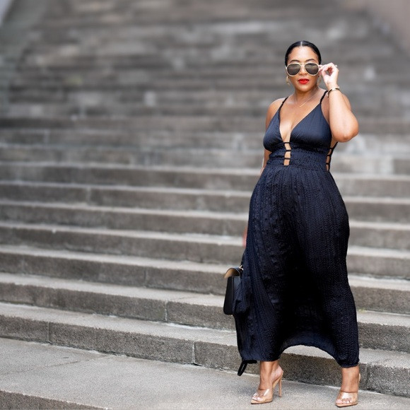 For Sale: Express Crinkled Satin V-Neck Sleeveless Strap Midi Dress (Size M) | Poshmark