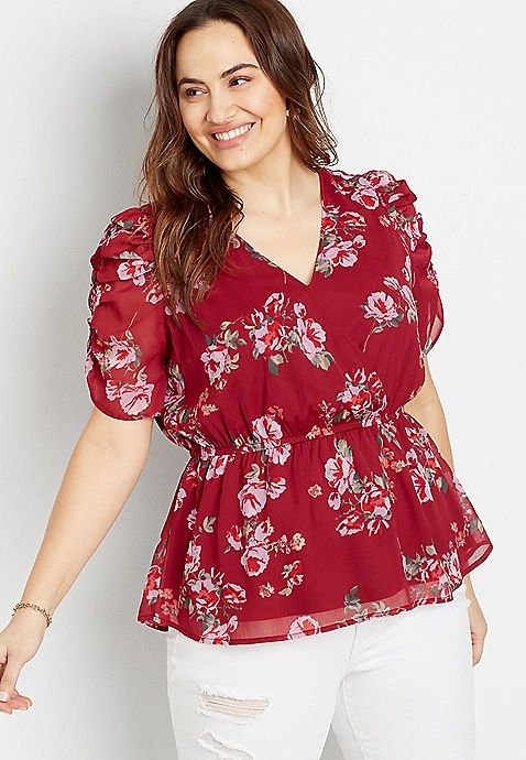 Plus Size Red Floral Mesh Ruched Sleeve Top | Maurices