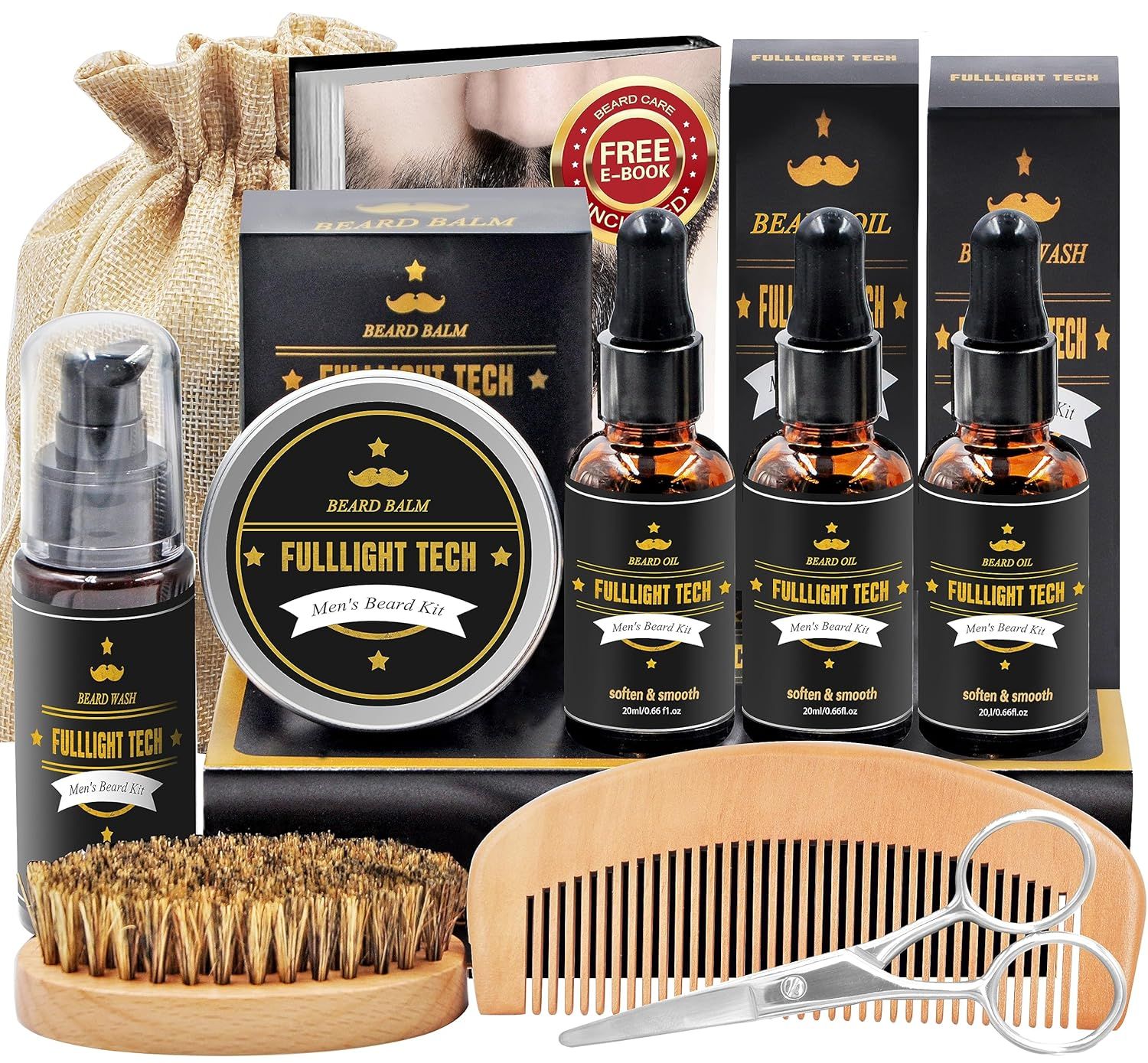 FULLLIGHT TECH Beard Kit for Men Grooming & Care W/Beard Wash/Shampoo,3 Packs Beard Oil,Beard Bal... | Amazon (US)