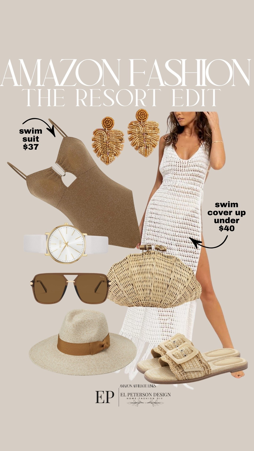 Amazon Fashion
Bathing suits
Earrings
Purse
Hat
Sunglasses
Sandals
Watch 
Swim coverup 