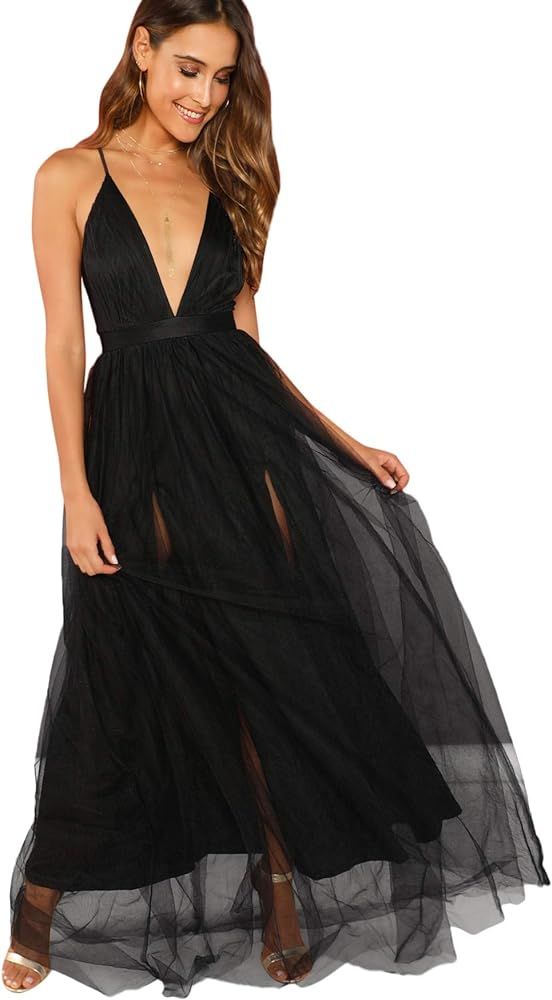 Floerns Women's Plunging Neck Spaghetti Strap Maxi Cocktail Party Dress | Amazon (US)