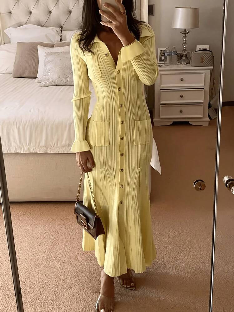 Neuer eleganter Pendler-Strickkleid für den Frühling, modisches langes Strickkleid, schlanke Pa... | SHEIN