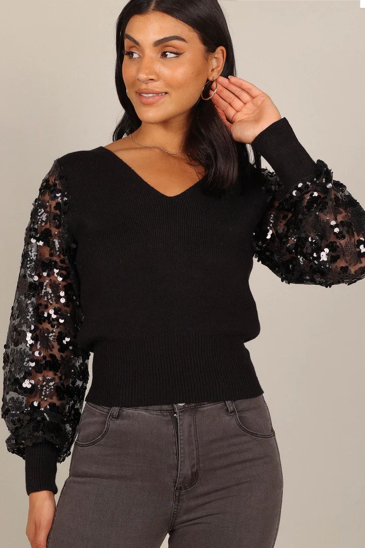 Alexa Sequin Sleeve Vneck Knit Sweater - Black | Petal & Pup (US)