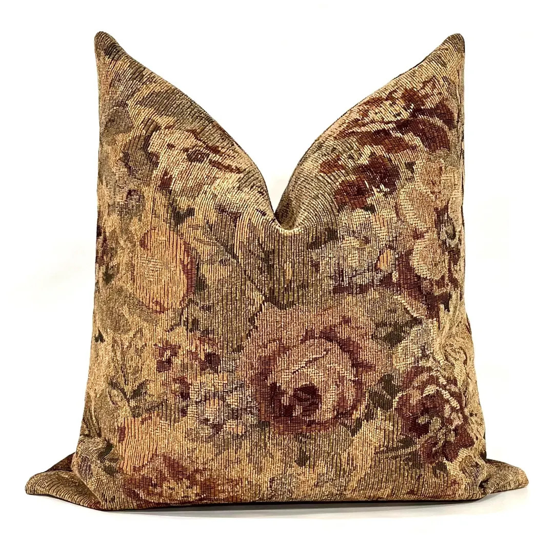 Rust and Green Floral Tapestry Throw Pillow Cover Chenille Upholstery Fabric Decorative Long Lumb... | Etsy (US)