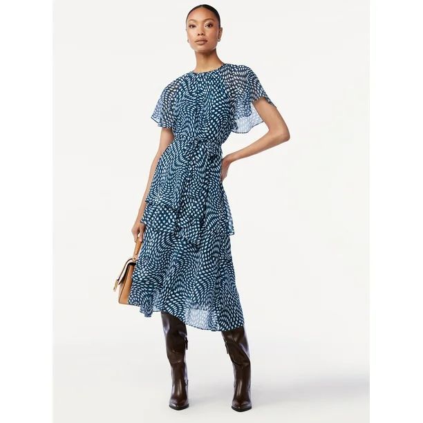 Scoop Women's Tie Waist Midi Dress with Ruffle Sleeves | Walmart (US)