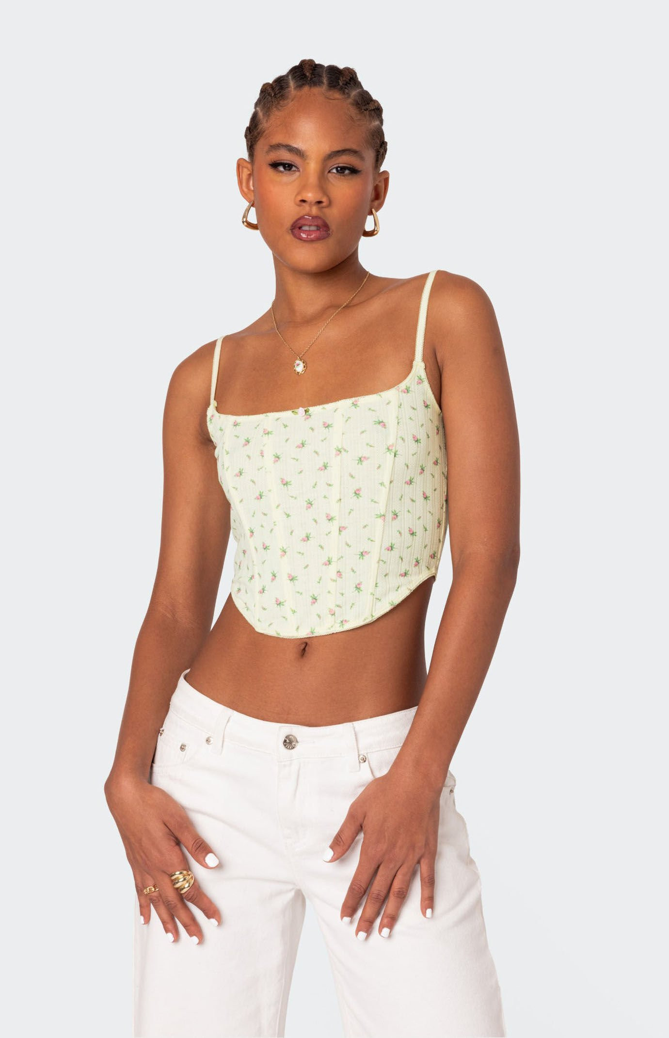 Edikted Women's Rosey Printed Pointelle Corset Top in Yellow - Size Small | PacSun