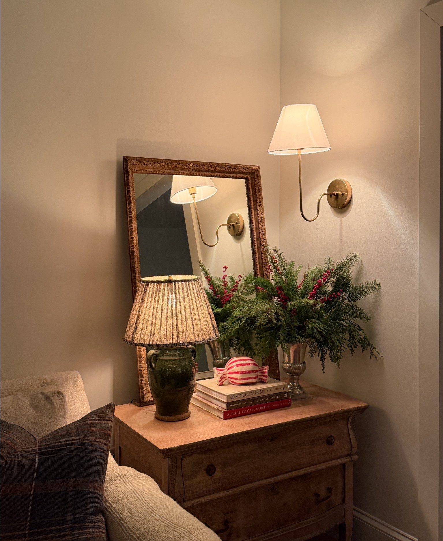Festive corner in the living room 🌲 Greenery is real but I linked some faux branches to get a similar look. Silver Urn is vintage  

#LTKHoliday #LTKHome
