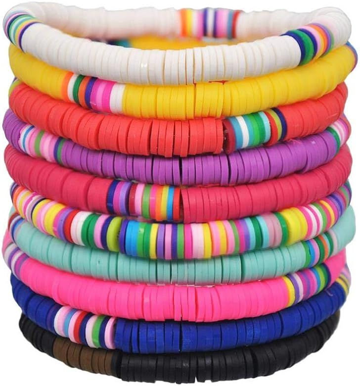 10 PCS Handmade Rainbow Bead Bracelet Set Colorful Polymer Clay Disc Beads Waxed String Bracelets... | Amazon (US)
