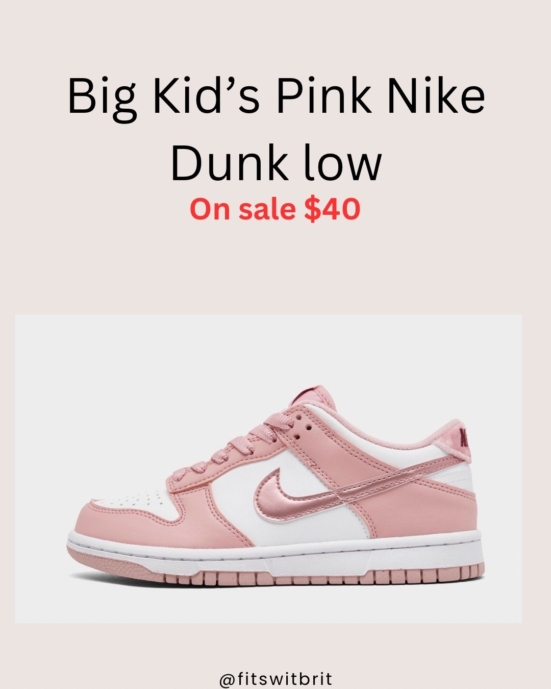 Big Kid’s Pink Nike Dunk Low on sale $40  

#LTKKids #LTKSaleAlert