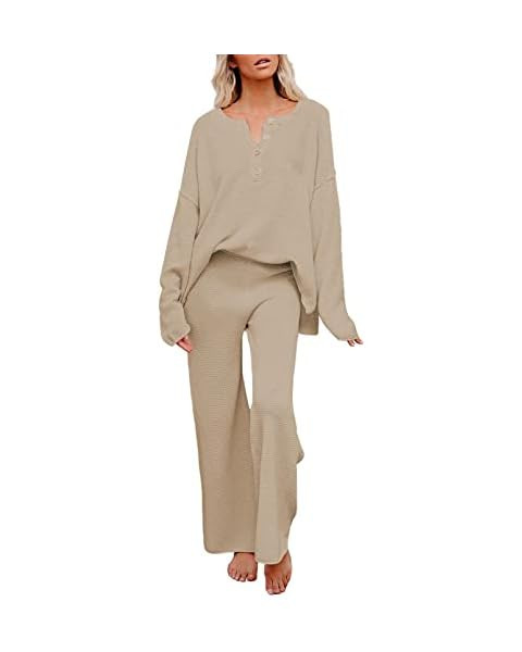 Viottiset Women's 2 Piece Outfits Casual V Neck Knit Wide Leg Sweater Lounge Set Sweatsuit | Amazon (US)