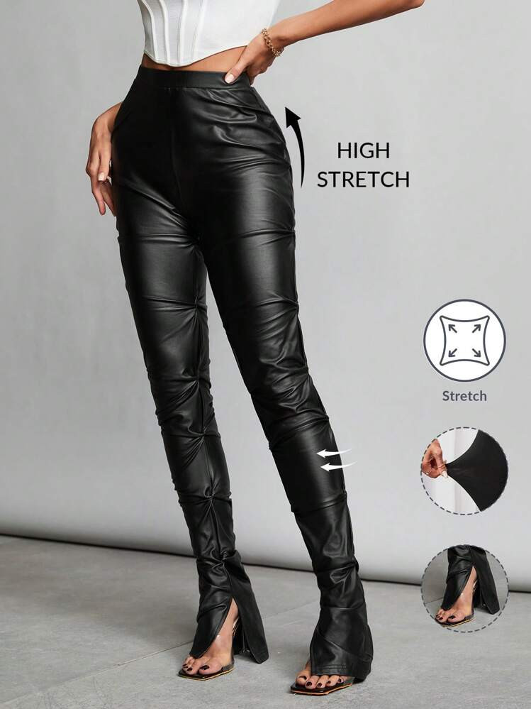 SHEIN Tall High-Waist Pleated PU Stretch Leather Black Leggings For Partying Out And Clubbing | SHEIN