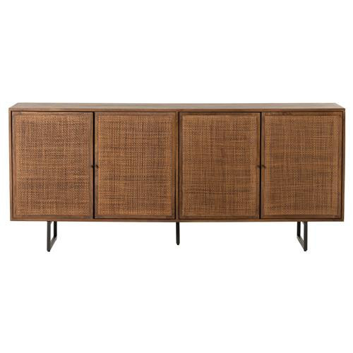 Emilie Coastal Beach Brown Mango Wood Black Iron Woven Cane 4 Door Sideboard | Kathy Kuo Home