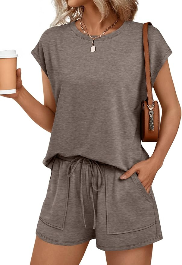 AUTOMET Womens Crew Neck Two Piece Short Sets Cap Sleeve Drawstring Summer Sweatsuit with Pocket | Amazon (US)