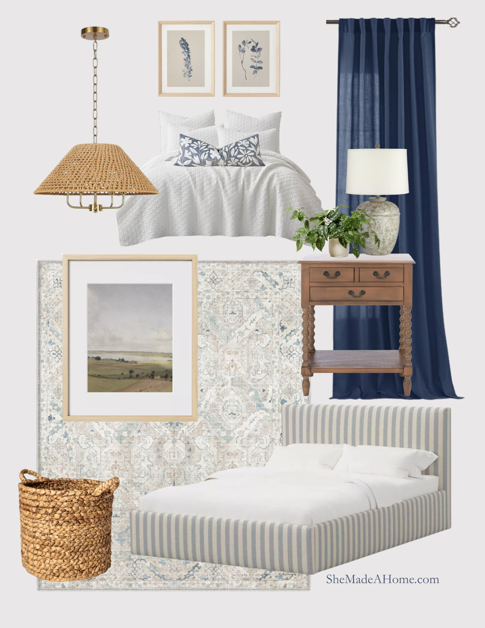 Coastal Cottage Bedroom in Blue & White 🌊🤍
This serene bedroom blends crisp blue and white with warm textures for the perfect mix of coastal charm and timeless cottage style. A striped upholstered bed, navy linen curtains, and a woven pendant bring both comfort and character to the space.

🛏 Shop the exact pieces I used to create this calming, budget-friendly bedroom — everything is linked so you can recreate the look in your own home.

#LTKHome #BedroomInspo #CoastalBedroom #BlueAndWhiteDecor #CottageStyle #SheMadeAHome #RoomRecipe #BudgetFriendlyHome #ShopTheLook #TimelessHome 

 #LTKHome