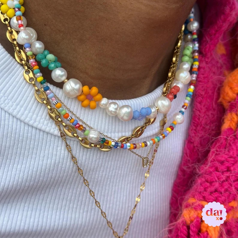 Colorful Chunky Pearl Necklace, Handmade Flower Beaded Statement Choker, Mixed Boho Bead Jewelry ... | Etsy (US)