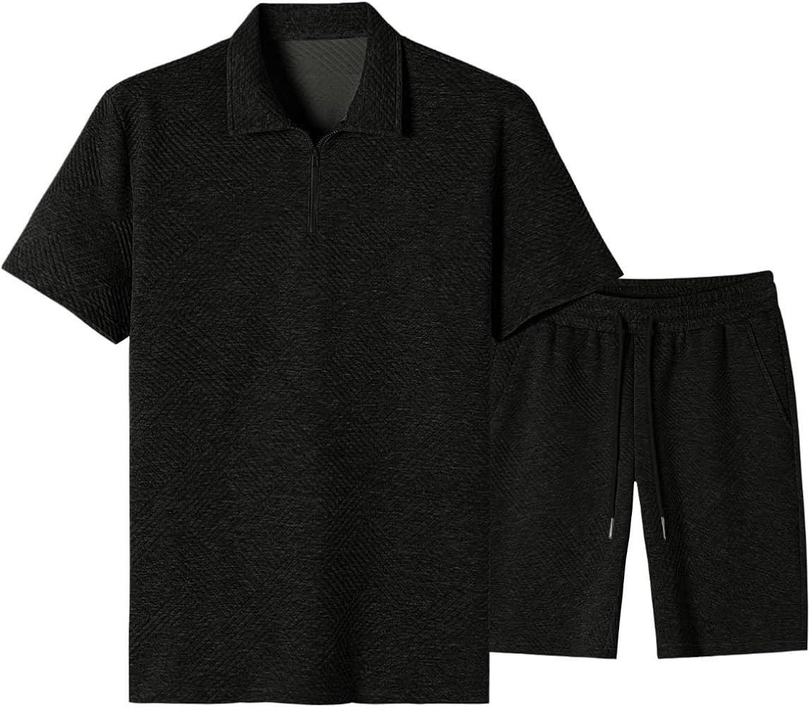 JMIERR Men's Tracksuits 2 Piece Outfits Casual Sweatsuit Textured 1/4 Zip Short Sleeve Golf Polo ... | Amazon (US)