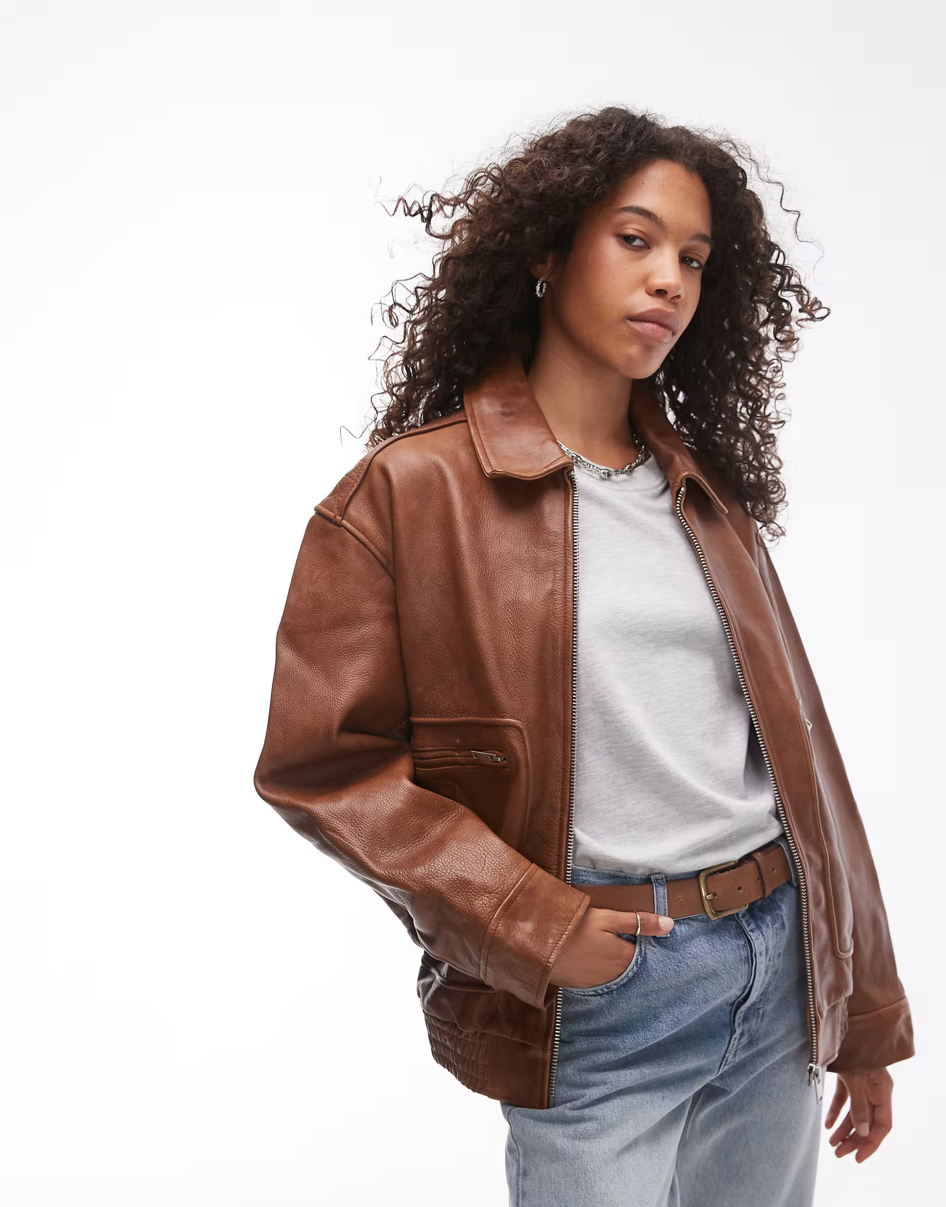 Topshop premium real leather oversized bomber jacket in brown | ASOS | ASOS (Global)