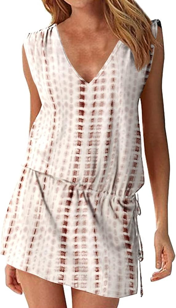 Hount Women's Beach Swimsuit Cover up Deep V-Neck Short Mini Dress Beach Skirt | Amazon (US)
