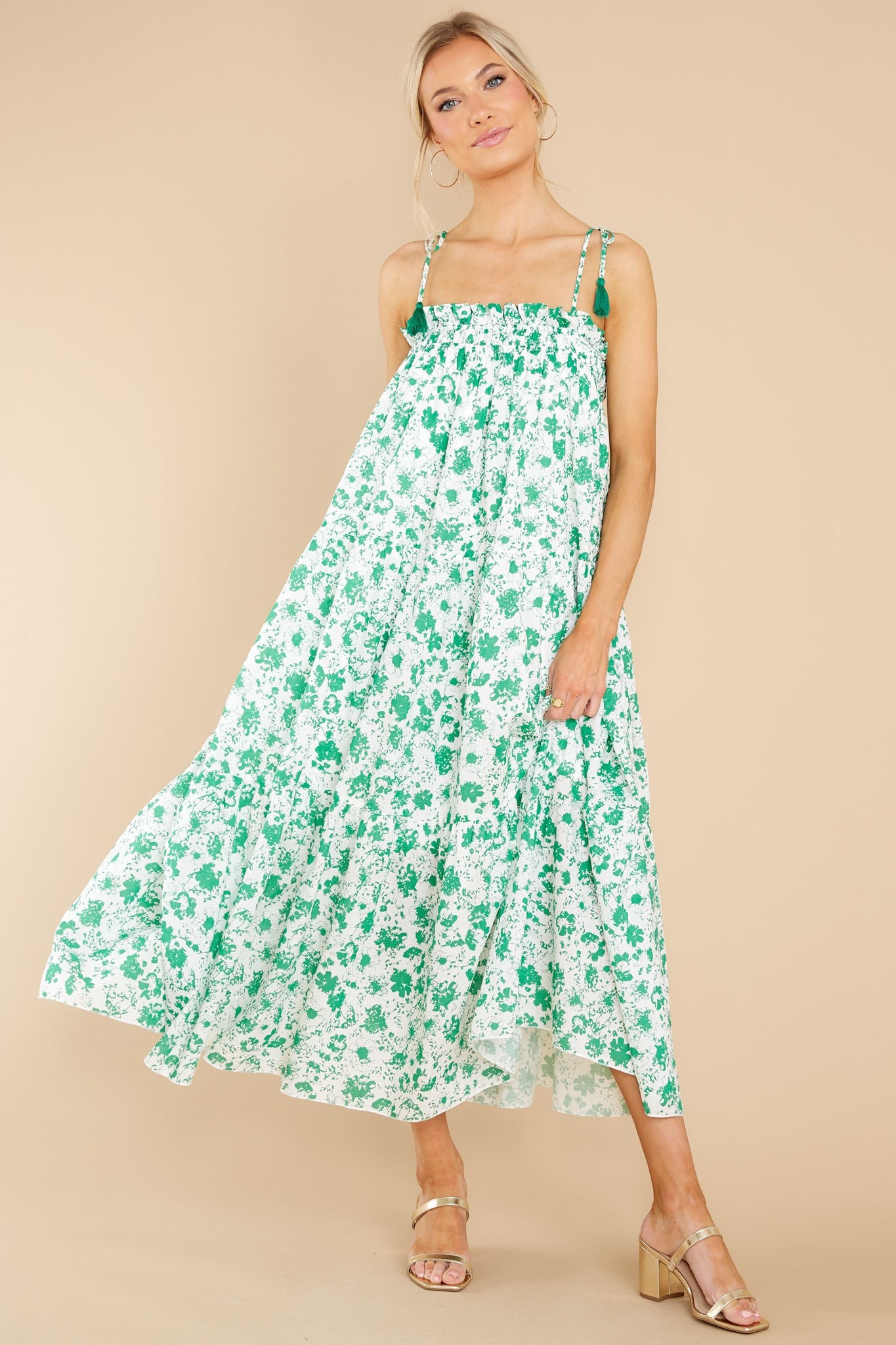 Feel The Breeze White And Green Floral Print Midi Dress | Red Dress 