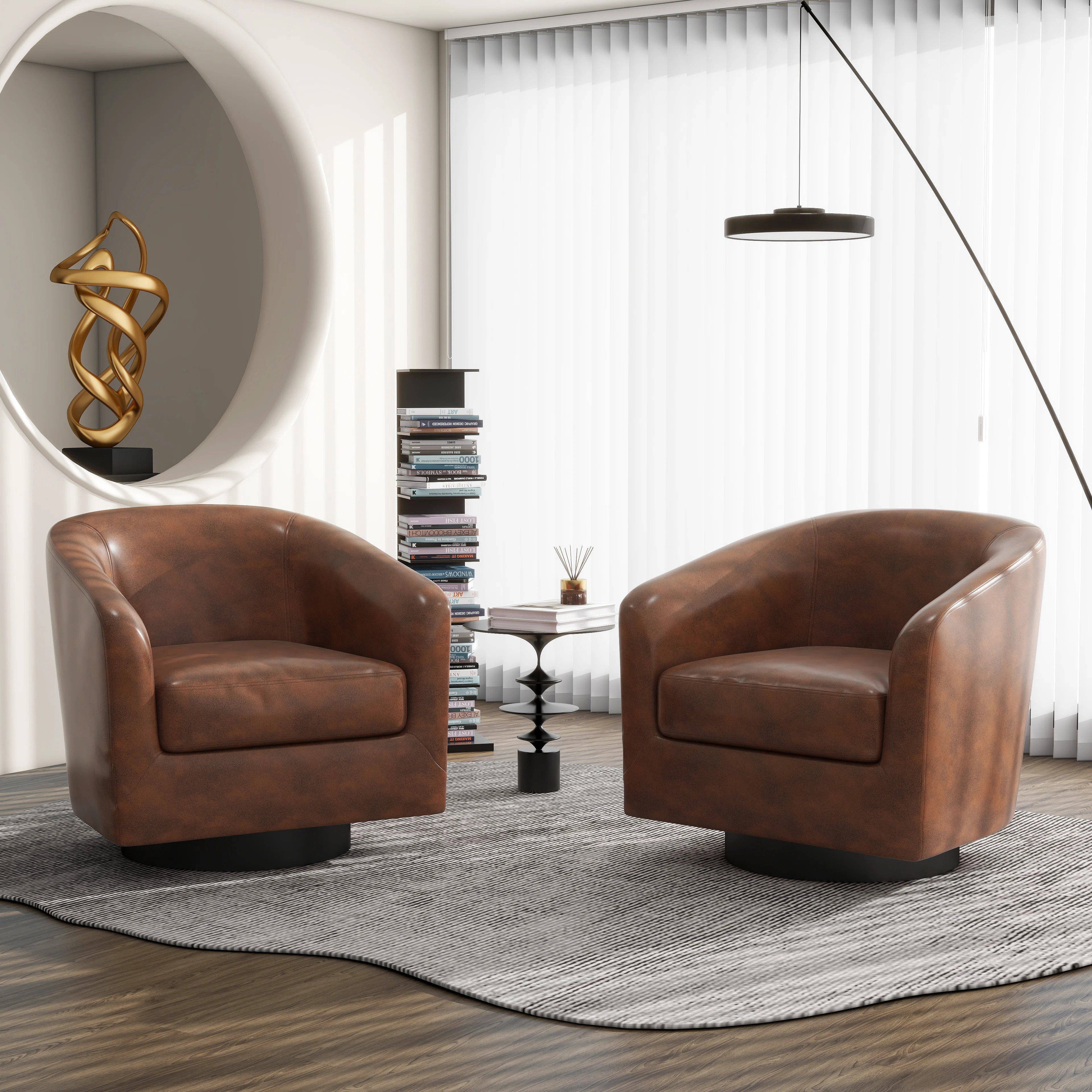 Wrought Studio\u2122 Applewold Upholstered Faux Leather Swivel Barrel Chair with Solid Wood Base ... | Wayfair North America