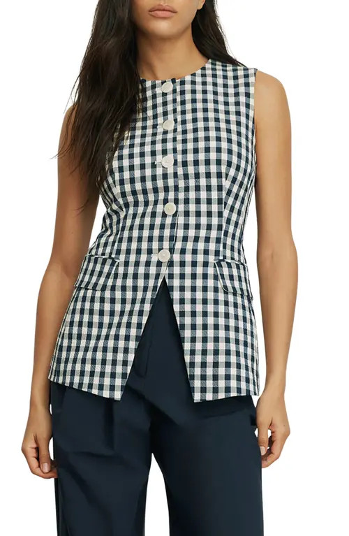 Veronica Beard Lois Stretch Cotton Gingham Vest in Navy/dove at Nordstrom, Size 4 | Nordstrom