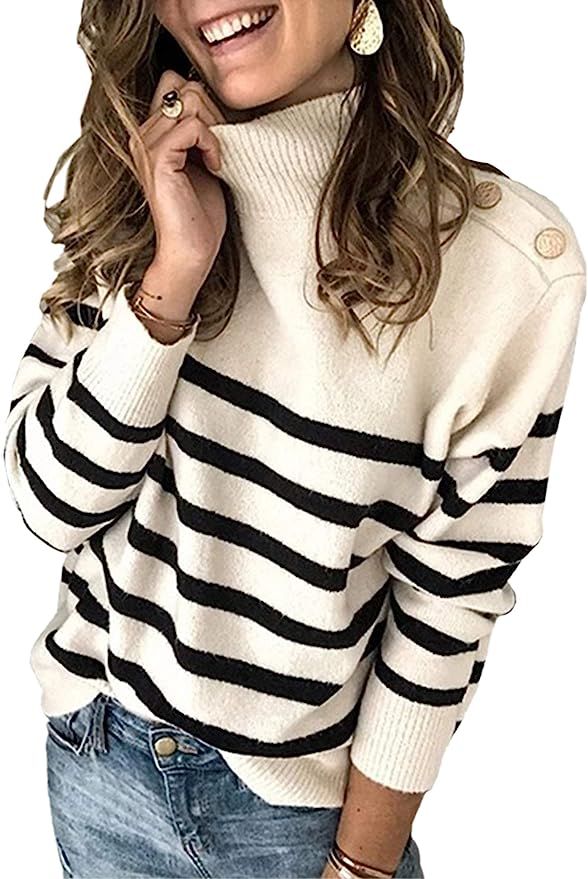 Angashion Women's Sweaters Casual Long Sleeve Crewneck Striped Winter Pullover Knit Sweater Tops | Amazon (US)