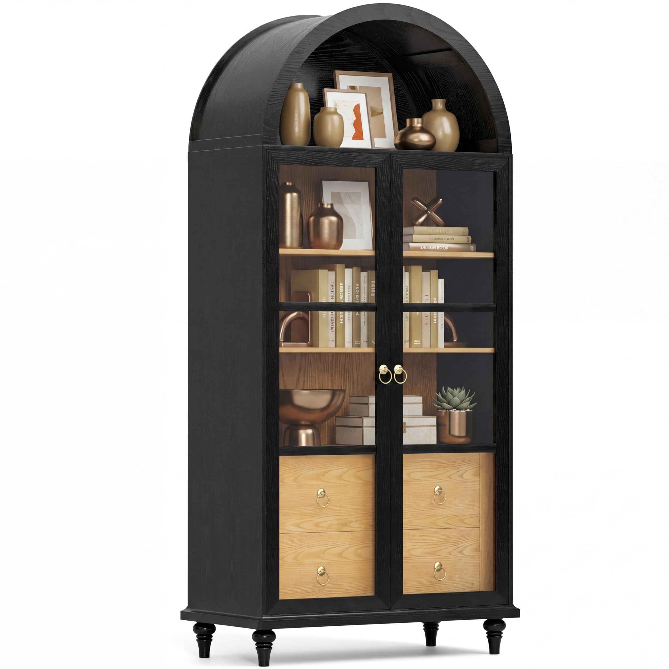 YESHOMY Decorative Storage Cabinet with Glass Doors and Drawers, 71" Arched Tall Cabinet, Black C... | Amazon (US)